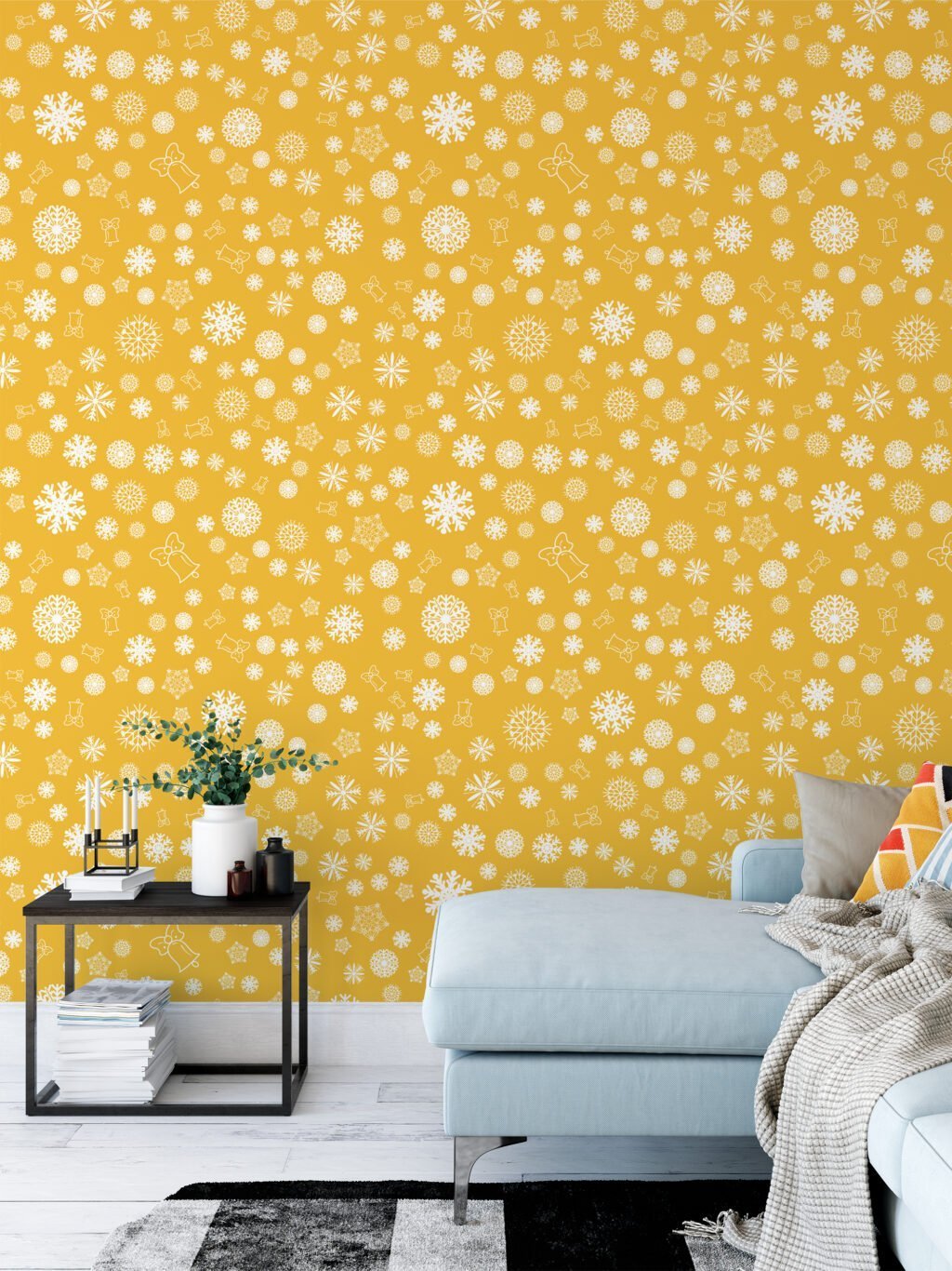 White Snowflakes On A Yellow Background Illustration Wallpaper, Whimsical and Warm Peel & Stick Wall Mural