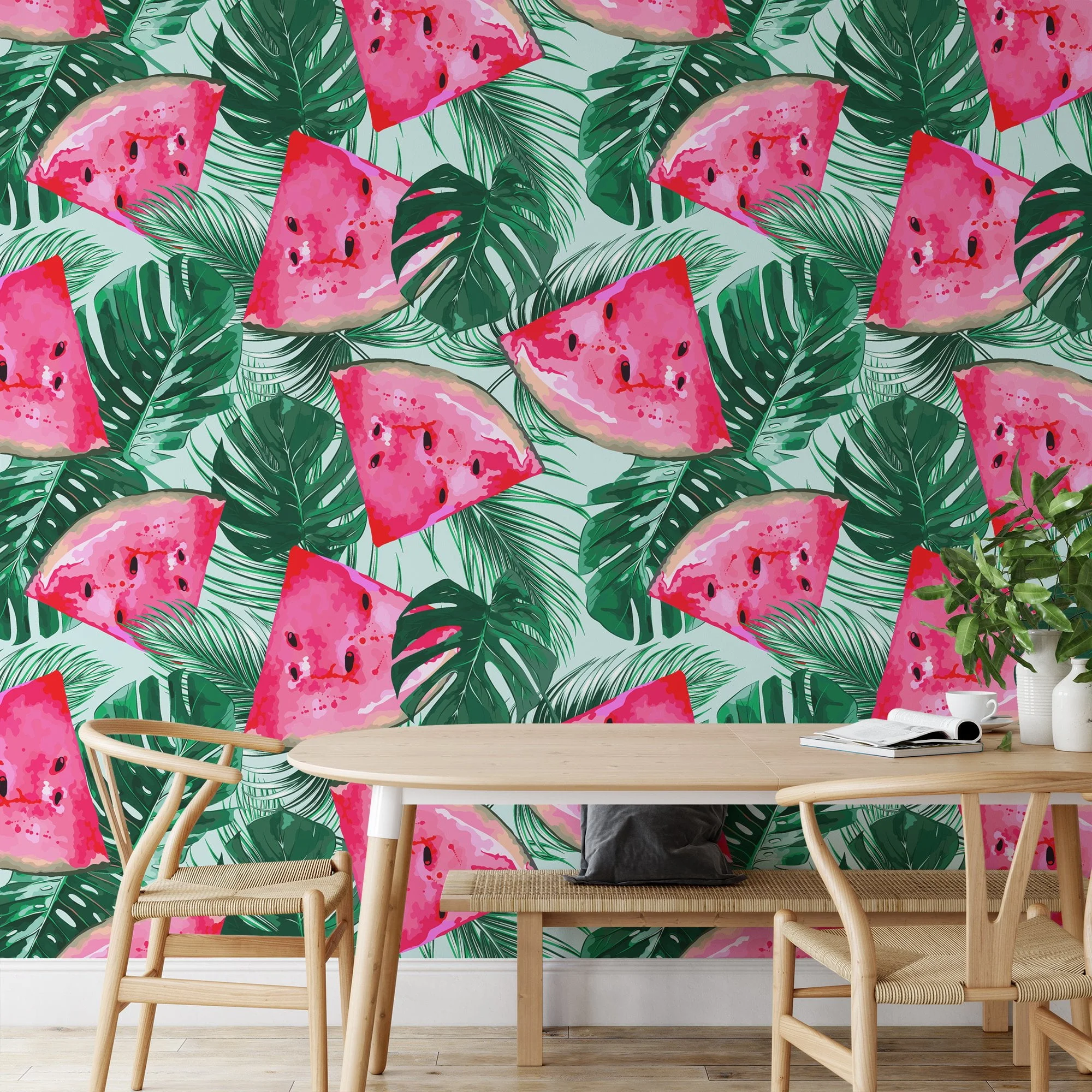 Tropical Leaves With Watermelons Illustration Wallpaper, Juicy Watermelon Slices & Palm Leaves Peel & Stick Wall Mural