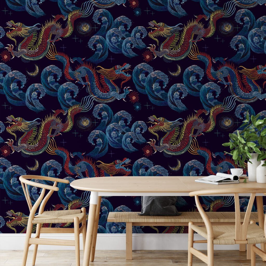 Traditional Dark Wallpaper with Dragons and Waves Wallpaper, Navy Chinoiserie Wall Mural with Mythical Beasts