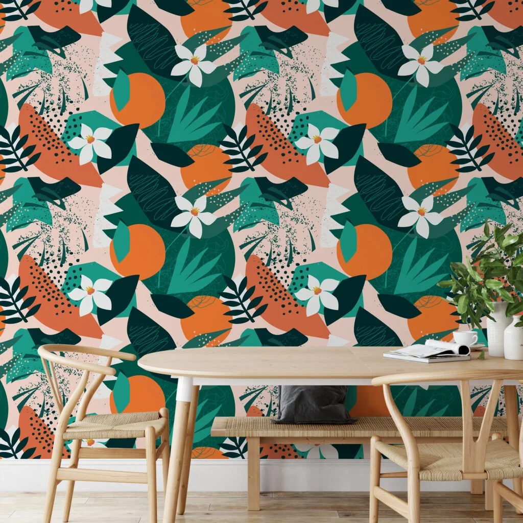 Floral Retro Orange and Leaves Design Wallpaper, Abstract Tropical Elegant Peel & Stick Wall Mural