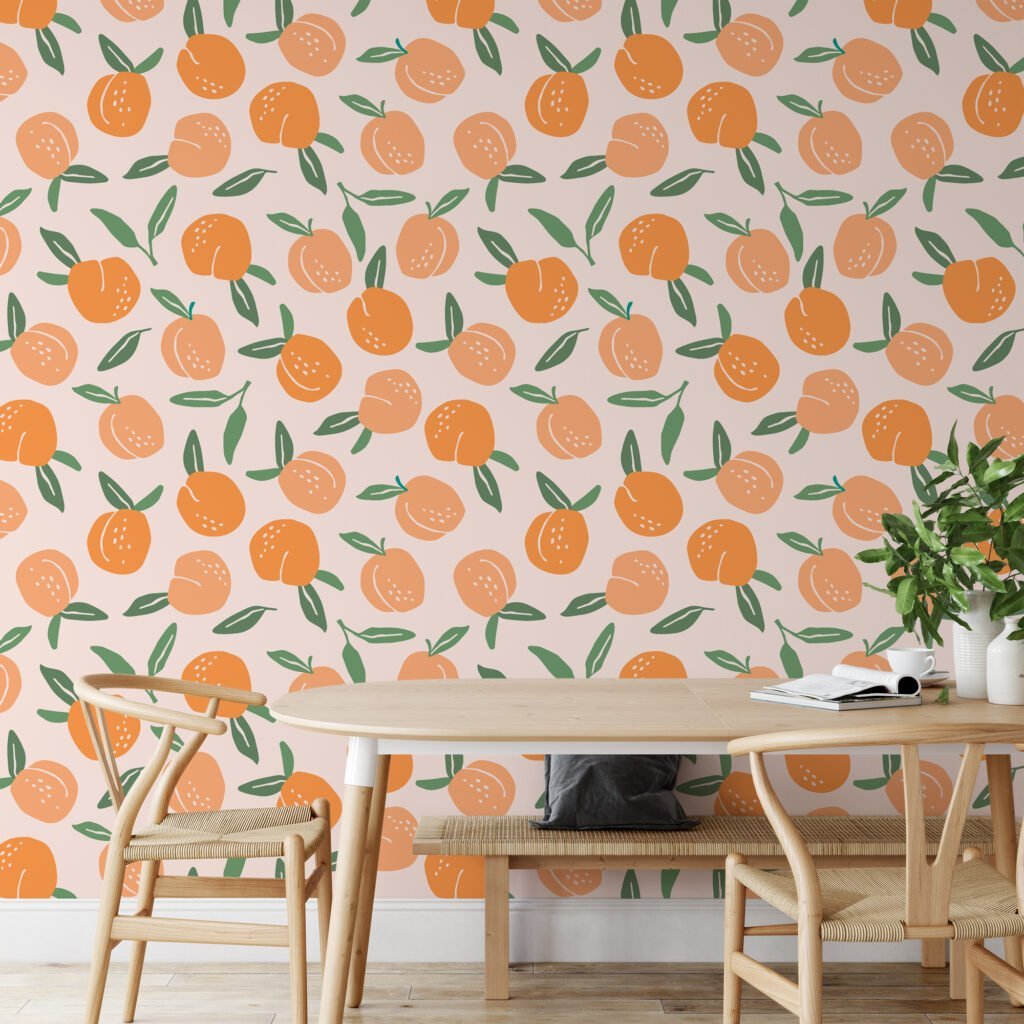Flat Art Peaches Design Wallpaper, Peaches On Pastel Canvas Peel & Stick Wall Mural