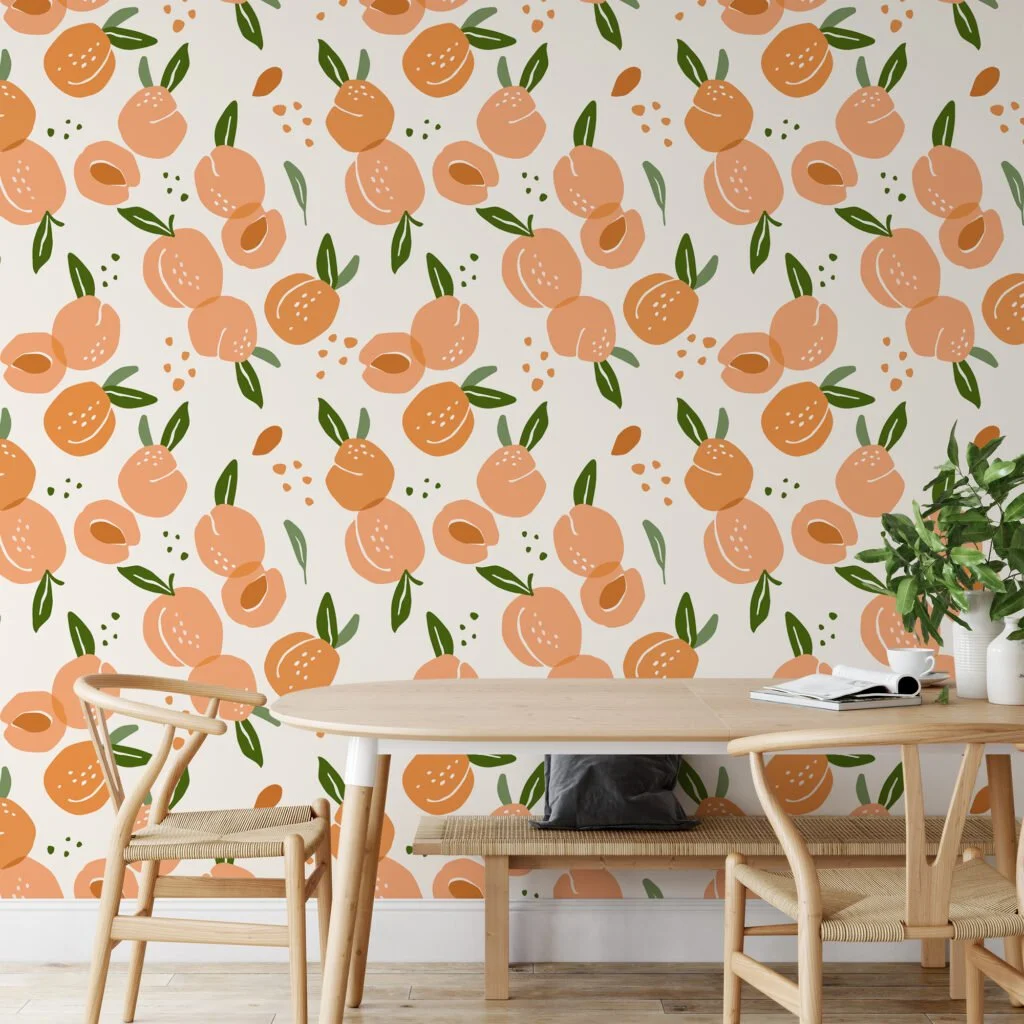 Flat Art Peaches Pattern Illustration Wallpaper, Sweet Apricot Orchard Peel & Stick Wall Mural