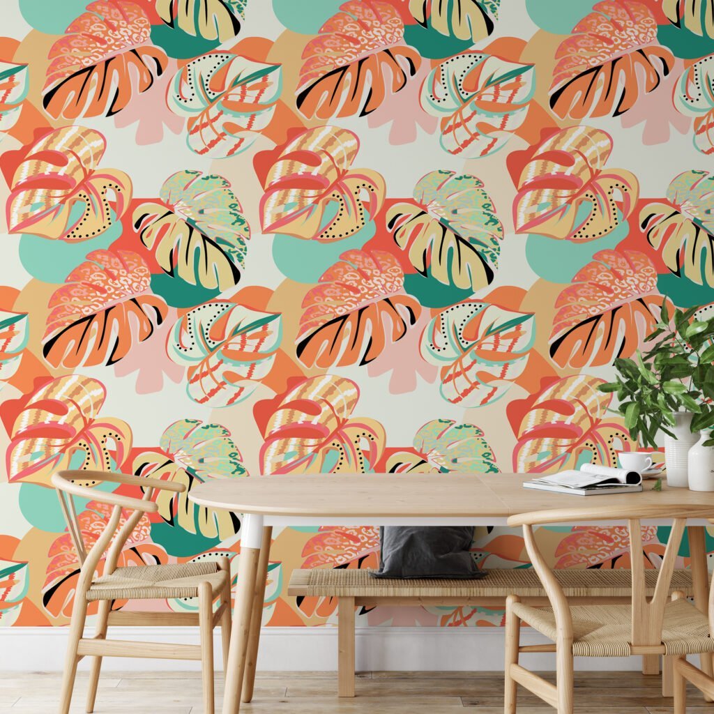 Colorful Monstera Leaves Abstract Illustration Wallpaper, Tropical Sunset Monstera Pattern Peel & Stick Wall Mural