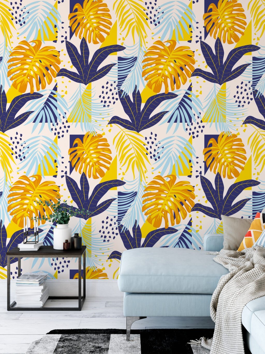 Large Abstract Tropical Colorful Leaves Illustration Wallpaper, Bold Blue And Yellow Peel & Stick Wall Mural