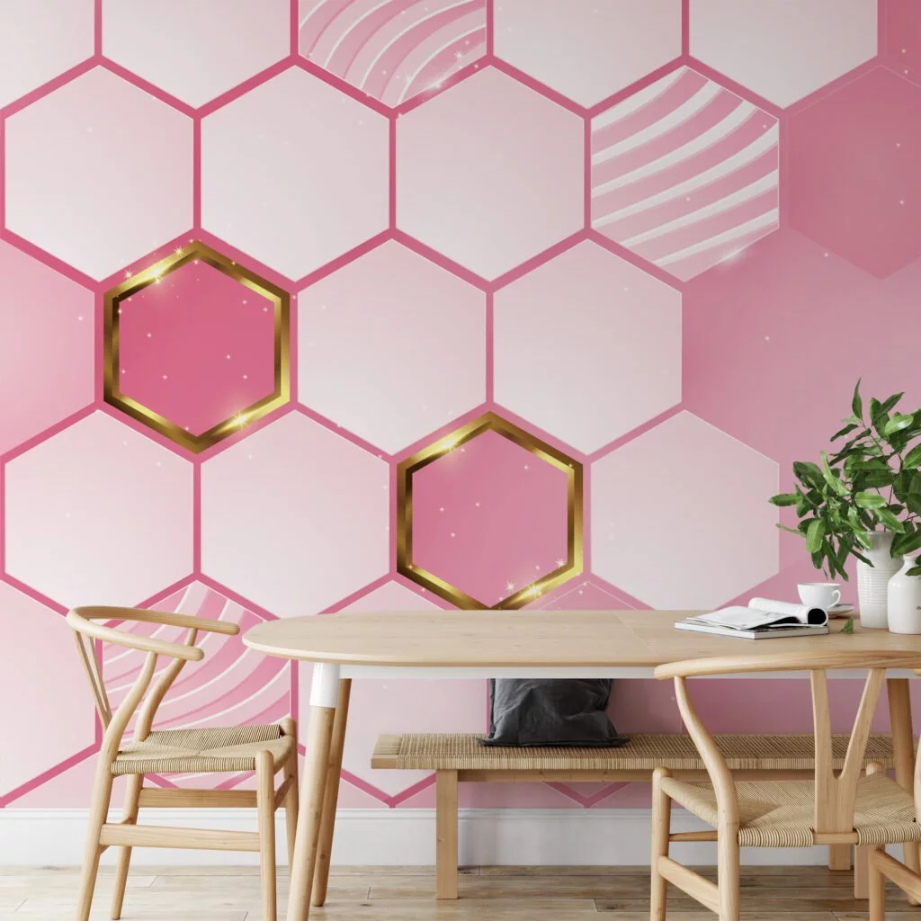 Geometric Style Light Pink Hexagons Illustration Wallpaper, Chic Pink Peel & Stick Wall Mural