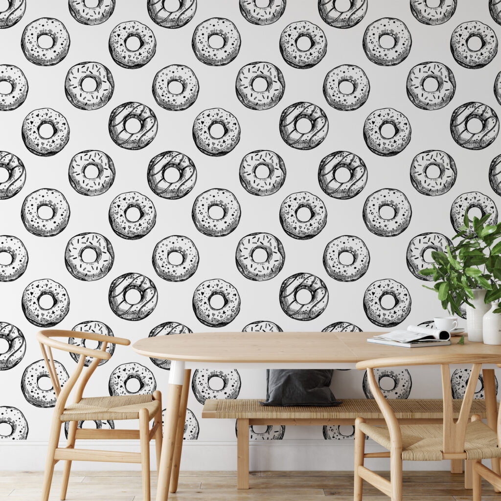 Line Art Donuts With Sprinkles Pattern Wallpaper, Sweet Treats Line Art Donut Peel & Stick Wall Mural