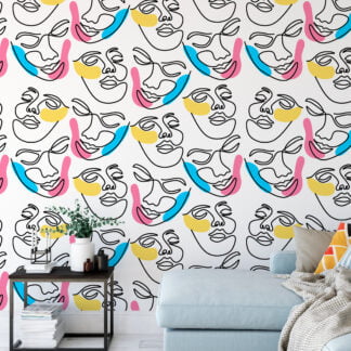 Abstract Faces Line Art Illustration Wallpaper, Vibrant Contemporary Peel & Stick Wall Mural