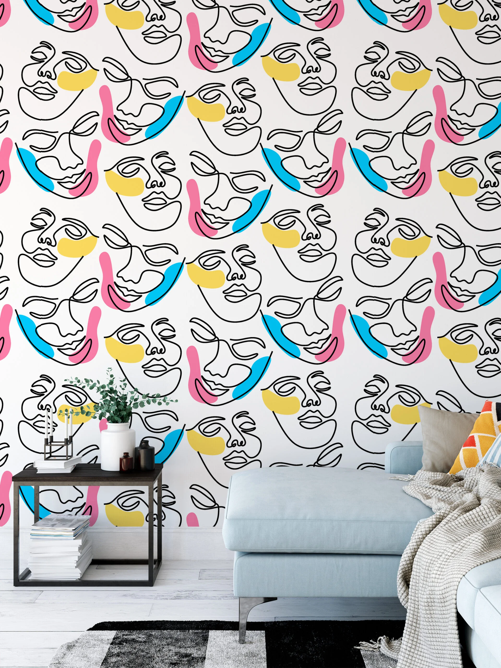Abstract Faces Line Art Illustration Wallpaper, Vibrant Contemporary Peel & Stick Wall Mural