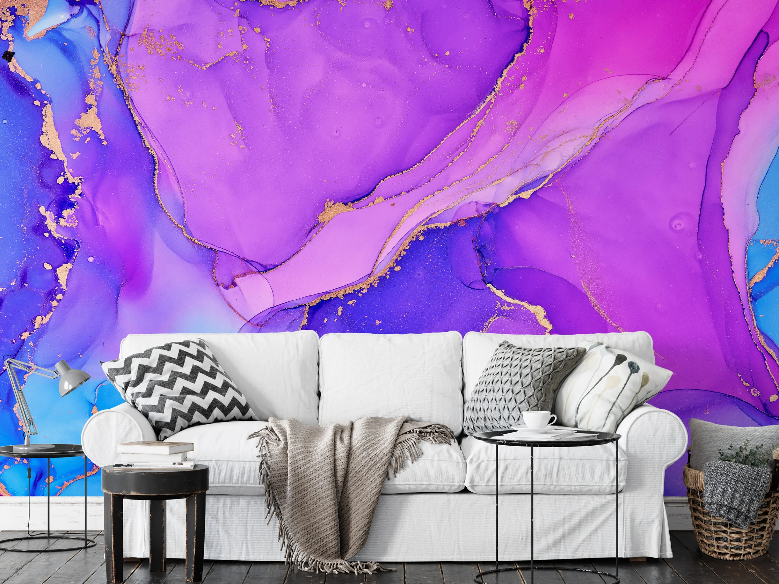 Bright Pink Purple And Blue Alcohol Ink Art Marble Wallpaper, Majestic Purple Dreamscape Peel & Stick Wall Mural