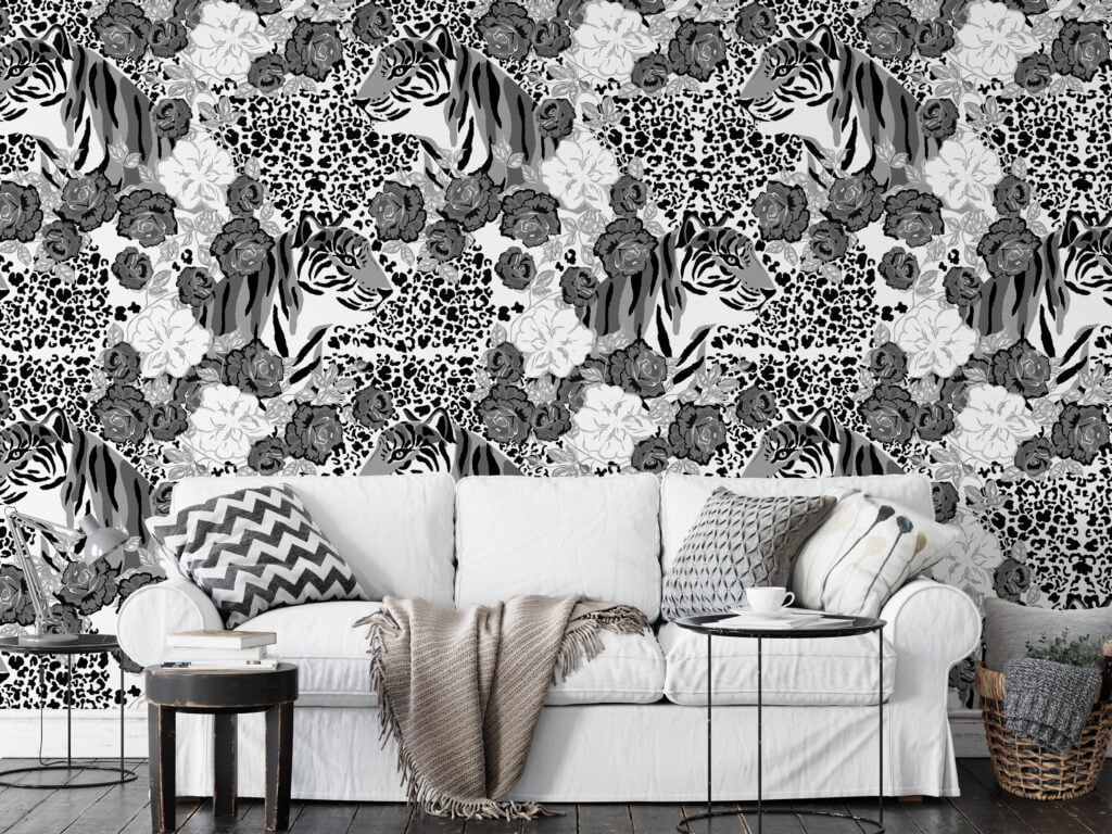 GreyScaled Roses And Tigers With Leopard Print Illustration Wallpaper, Monochrome Tiger & Floral Peel & Stick Wall Mural