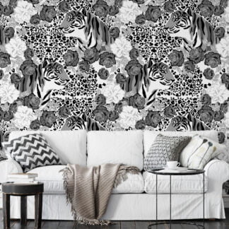 GreyScaled Roses And Tigers With Leopard Print Illustration Wallpaper, Monochrome Tiger & Floral Peel & Stick Wall Mural