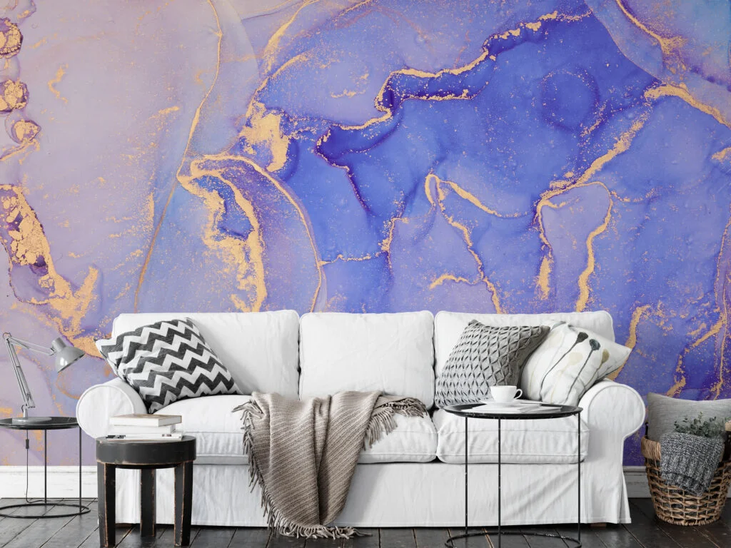 Mixed Purple Blue Alcohol Ink Art Marble Wallpaper, Royal Purple Marble Luxe Peel & Stick Wall Mural