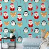 Christmas Themed Icons Illustration With Santa Claus Wallpaper, Cheerful Christmas Characters Peel & Stick Wall Mural