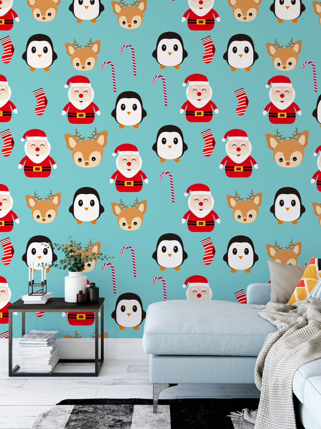 Christmas Themed Icons Illustration With Santa Claus Wallpaper, Cheerful Christmas Characters Peel & Stick Wall Mural