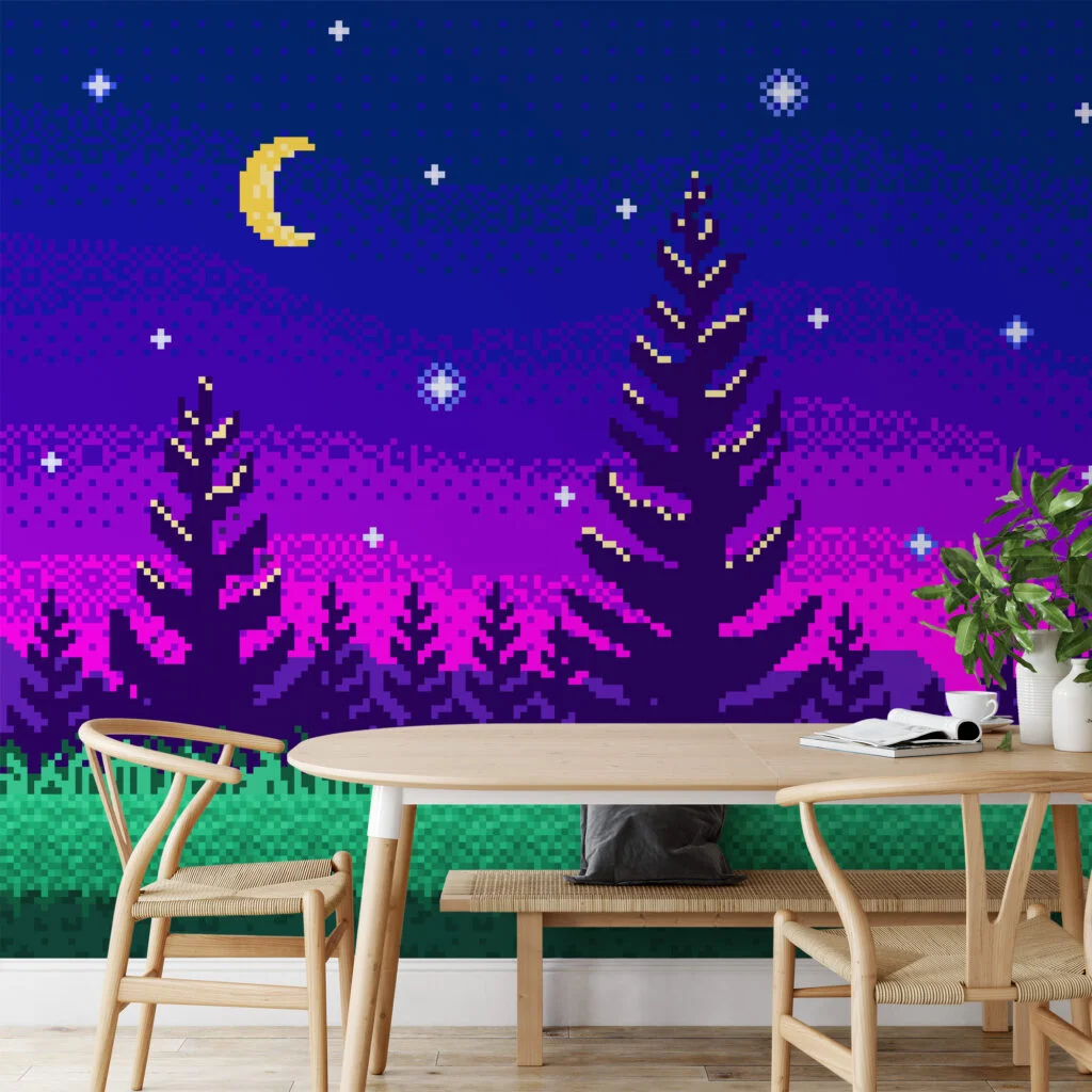 Pixel Art Night Trees With Purple Gradient Background Wallpaper, Pixelated Starry Night Forest Peel & Stick Wall Mural