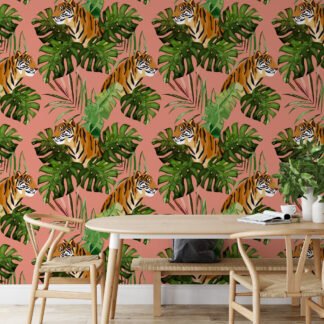 Tropical Illustration With Tigers on A peach Background, Jungle-Inspired Lush Peel & Stick Wall Mural
