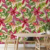 Tropical Colorful Floral Illustration With Butterflies Wallpaper, Exotic Botanical Peel & Stick Wall Mural