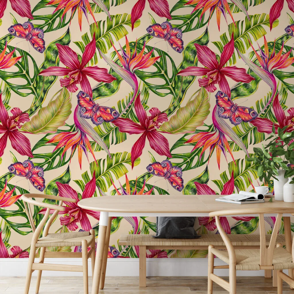 Tropical Colorful Floral Illustration With Butterflies Wallpaper, Exotic Botanical Peel & Stick Wall Mural