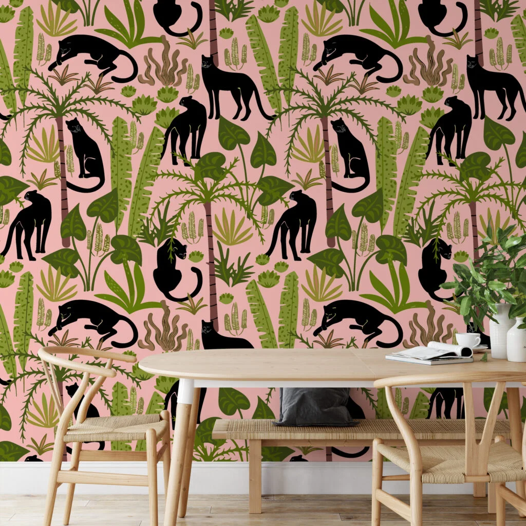 Flat Art Pink Jungle With Panthers Illustration Wallpaper, Prowling Black Panthers Peel & Stick Wall Mural