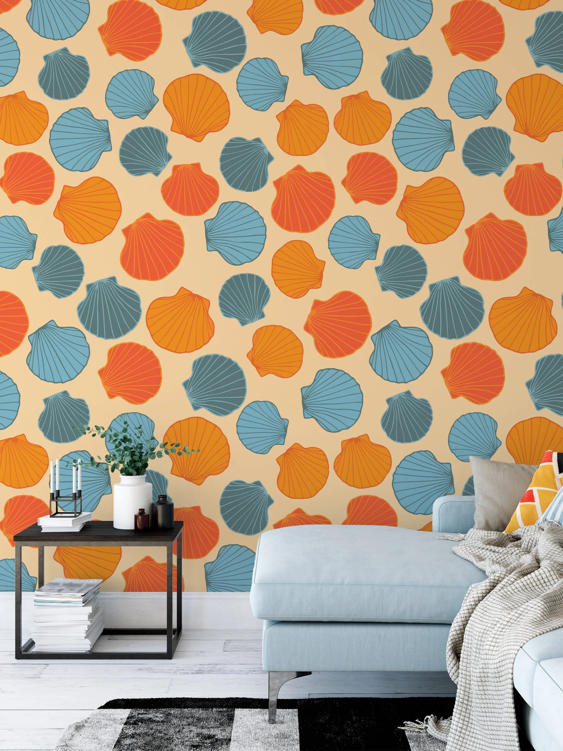 Retro Colored Sea Shells Pattern Wallpaper, Seaside Serenity Peel & Stick Wall Mural