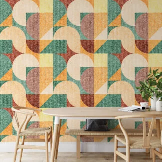 Large Geometric 70s Shaped Pattern Illustration Wallpaper, Artistic Geometric Fusion Peel & Stick Wall Mural