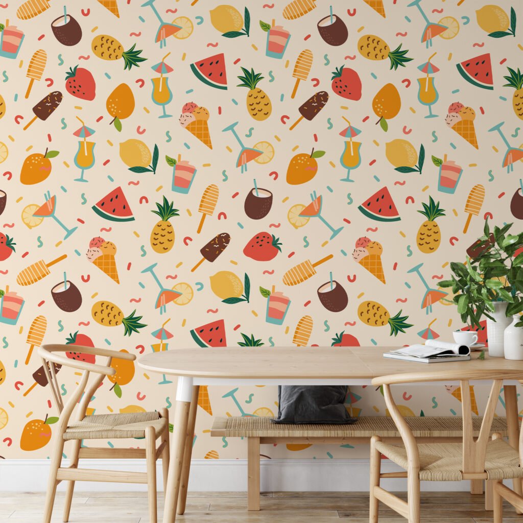 Retro Summer Vibes Party Icons Fruit Illustration Wallpaper, Tropical Fruit & Ice Cream Peel & Stick Wall Mural