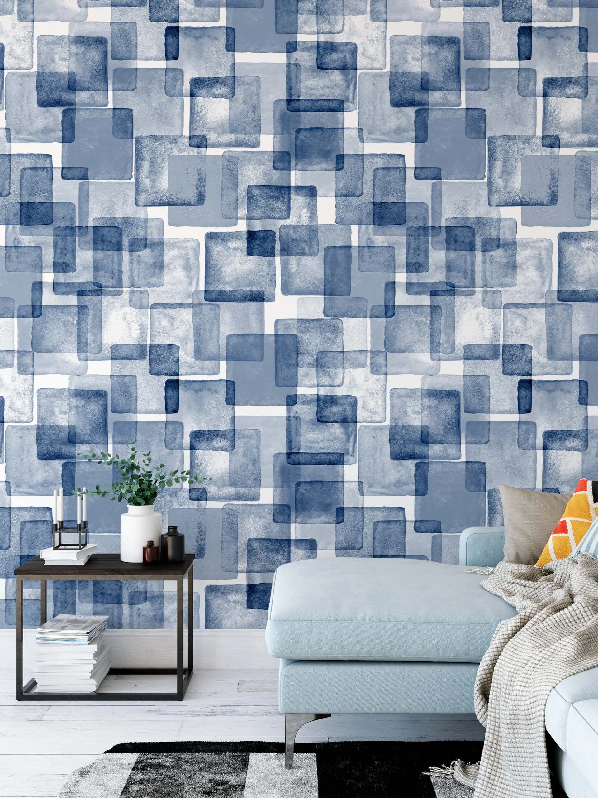 Watercolor Style Blue Squares Geometric Illustration Wallpaper, Artistic Cubist Dreams Peel & Stick Wall Mural