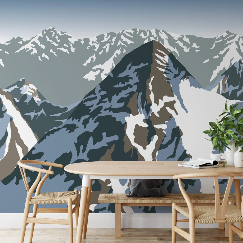 Flat Art Snowy Mountains Illustration Wallpaper, Abstract Landscape Peel & Stick Wall Mural