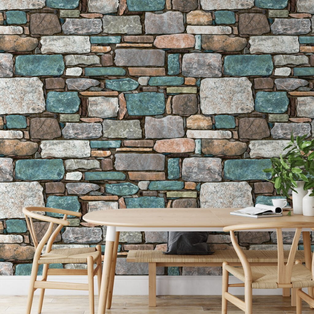 Stone Brick Wall Pattern With Teal Blue Highlights Wallpaper, Multi-Toned Stone Mosaic Peel & Stick Wall Mural