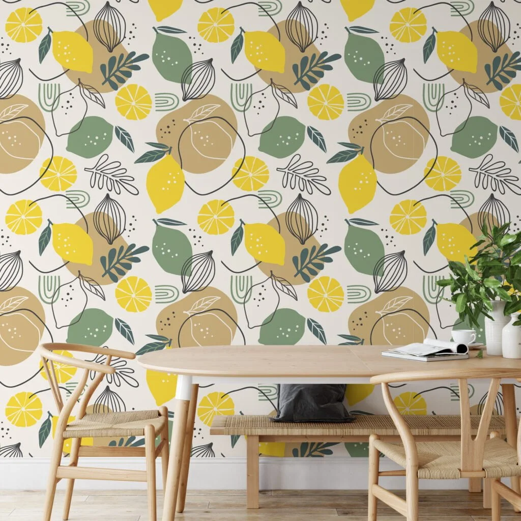 Lemon And Leaves With Line Art Illustration Wallpaper, Citrus And Lime Design Peel & Stick Wall Mural