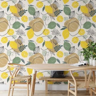 Lemon And Leaves With Line Art Illustration Wallpaper, Citrus And Lime Design Peel & Stick Wall Mural