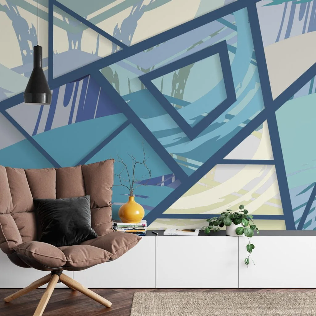 Large Geometric Wallpaper With Modern Blue Splashes Illustration, Blue Angular Design Peel & Stick Wall Mural