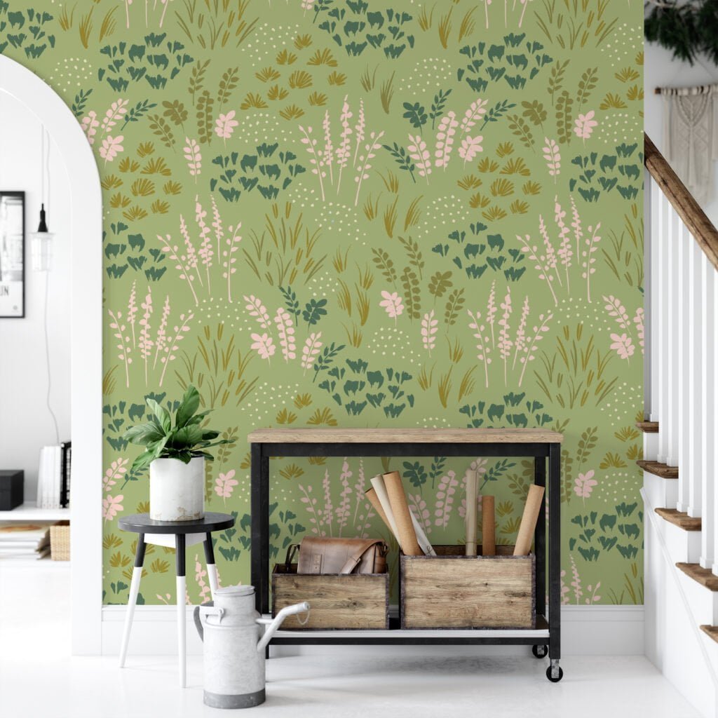 Green Flat Art Flowers And Leaves Illustration Wallpaper, Gentle Green Garden Peel & Stick Wall Mural