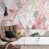 Grey And Pink Geometric Shaped Wallpaper With Frosted Texture Effect, Modern Triangular Peel & Stick Wall Mural