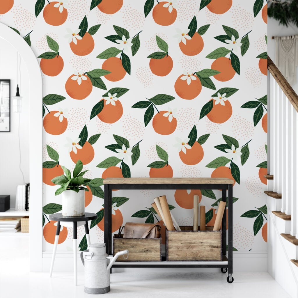 Flat Art Oranges Illustration Wallpaper, Bright Orange and Lush Green Peel & Stick Wall Mural