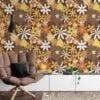70's Style Large Yellow And Orange Flowers Illustration Wallpaper, Retro Autumn Floral Peel & Stick Wall Mural
