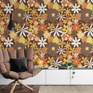 70's Style Large Yellow And Orange Flowers Illustration Wallpaper, Retro Autumn Floral Peel & Stick Wall Mural