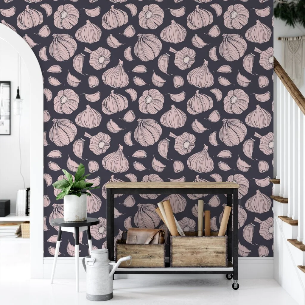 Garlic Vegetable Illustration Pattern Wallpaper, Modern Kitchen Chic Peel & Stick Wall Mural