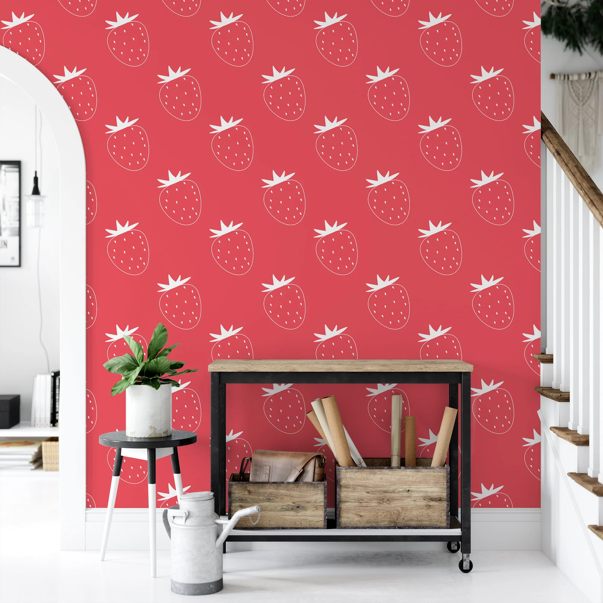 Simple Strawberries Pattern Illustration Wallpaper, Delightful Hot Pink Fruit Peel & Stick Wall Mural