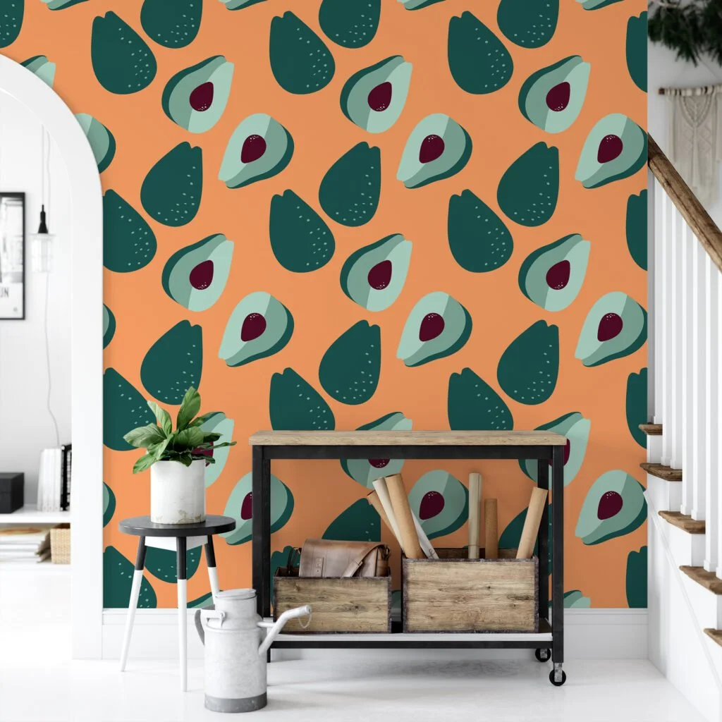 Flat Art Simple Avocado Fruits Pattern Wallpaper, Contemporary Kitchen Chic Peel & Stick Wall Mural