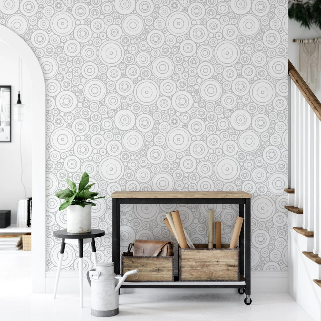 Abstract Grey Circles Design Wallpaper, Monochrome Geometric Circles Peel & Stick Wall Mural