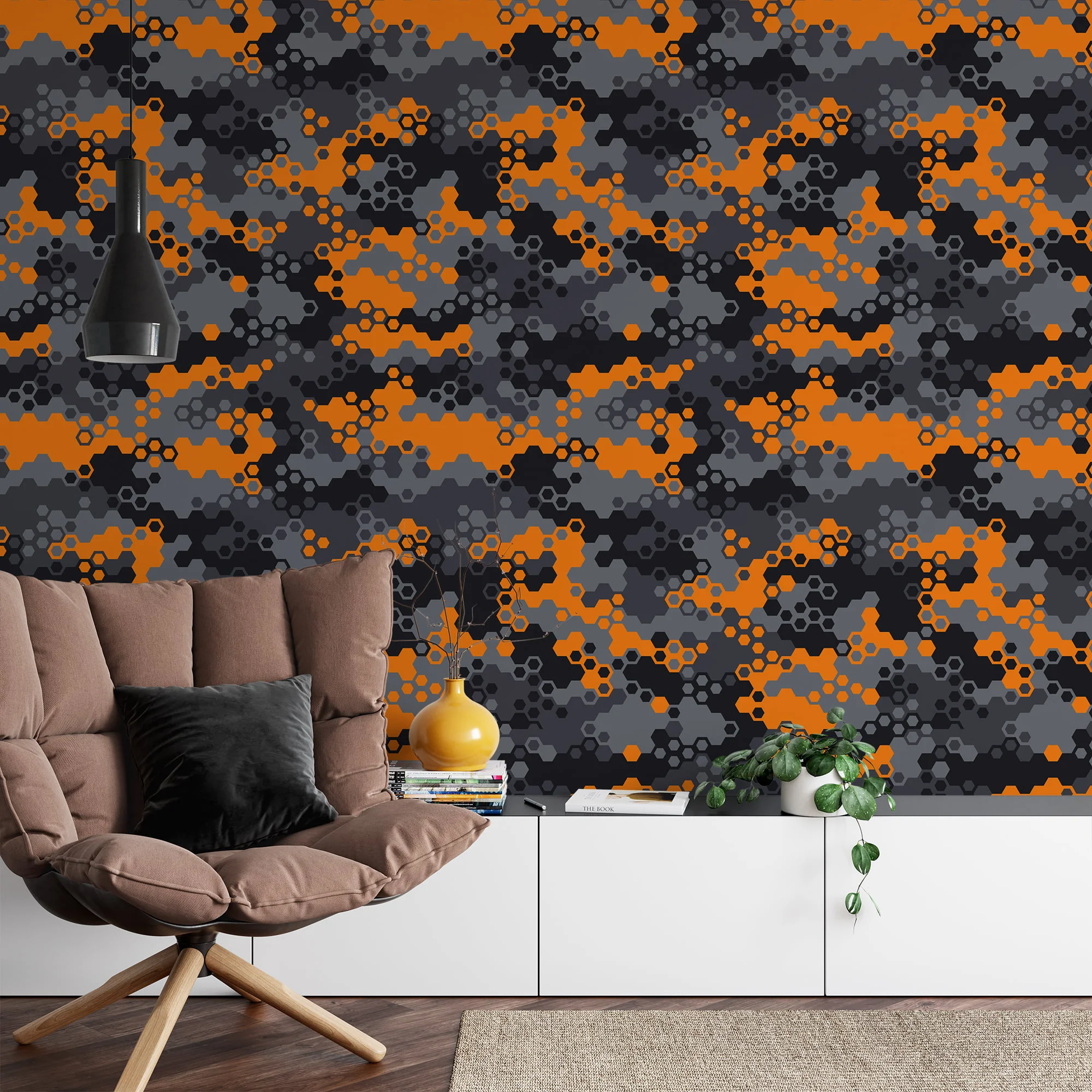 Abstract Grey And Orange Hexagon Geometric Shaped Illustration Wallpaper, Modern Home Decor Peel & Stick Wall Mural