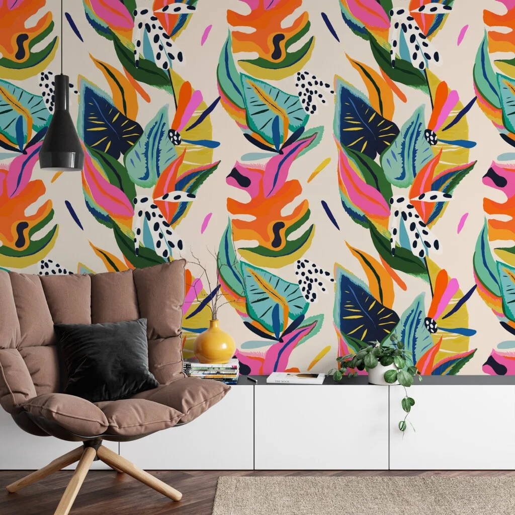 Abstract Colorful Leaves Wallpaper, Vibrant Tropical Contemporary Peel & Stick Wall Mural