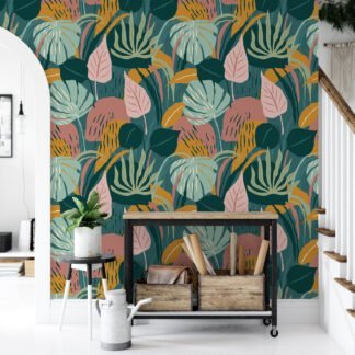 Exotic Large Monstera Leaves And Plants Illustration Wallpaper, Contemporary Tropical Design Peel & Stick Wall Mural