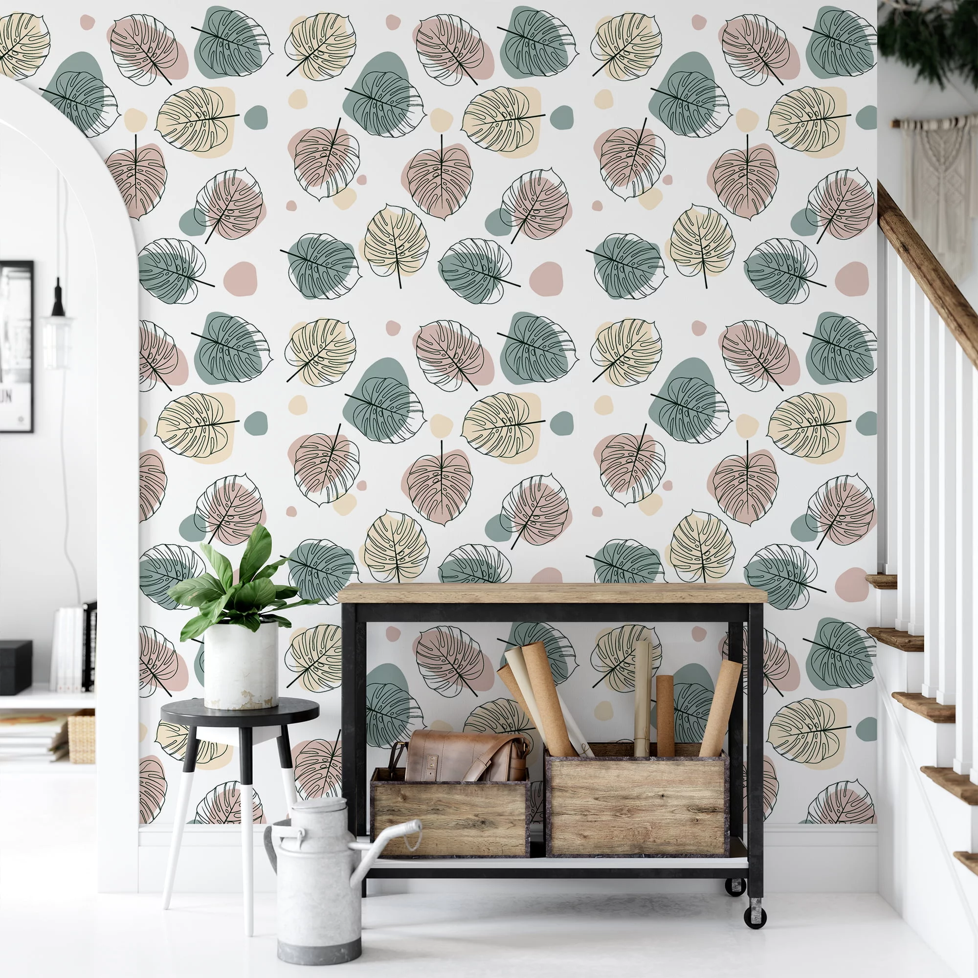 Line Art Monstera Leaves Pattern Illustration Wallpaper, Soft Sketch Leaves Peel & Stick Wall Mural