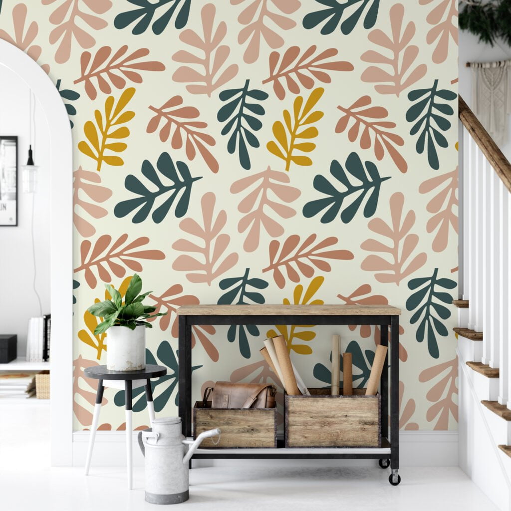 Abstract Boho Shaped Leaves Pattern Illustration Wallpaper, Soothing Leaf Pattern Peel & Stick Wall Mural