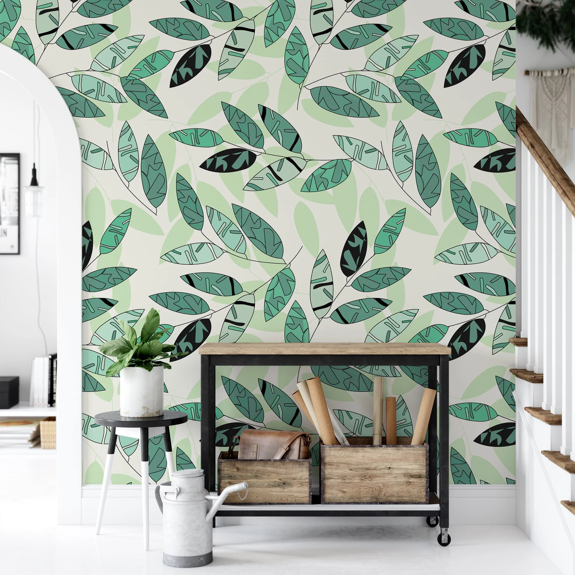 Outlined Green Leaves Wallpaper, Fresh Green Botanical Design Peel & Stick Wall Mural