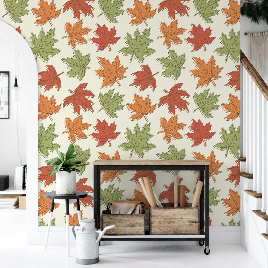 Fall Leaves Illustration Wallpaper, Vintage Autumn Leaf Pattern Peel & Stick Wall Mural