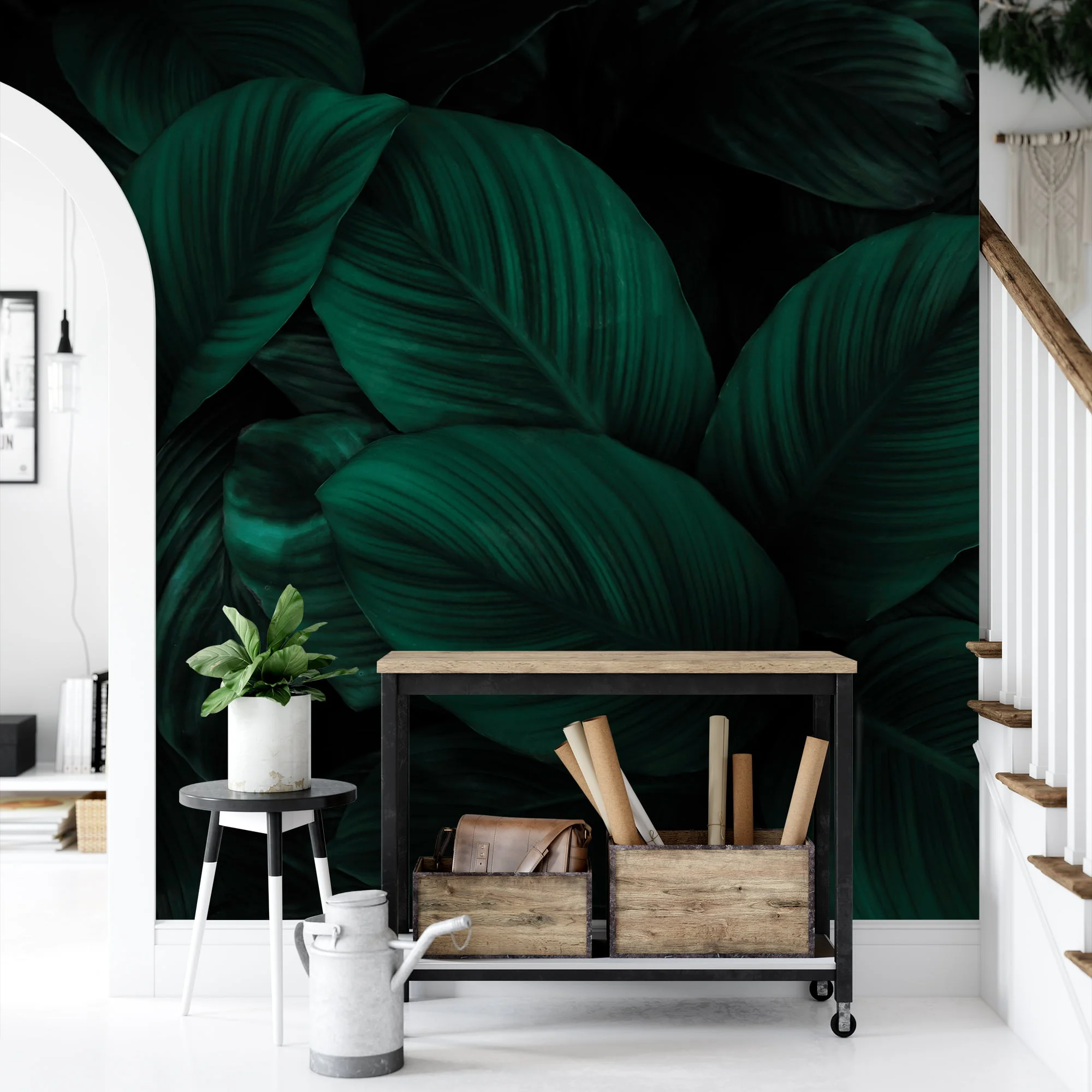 Dark Tropical Cannifolium Leaves Wallpaper, Deep Botanical Peel & Stick Wall Mural