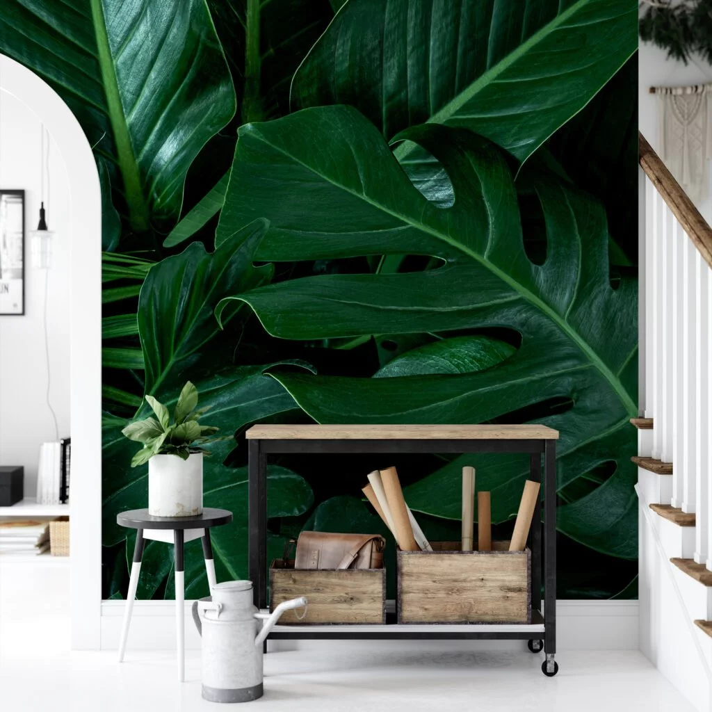 Large Dark Tropical Monstera Leaves Wallpaper, Green Verdant Monstera Peel & Stick Wall Mural